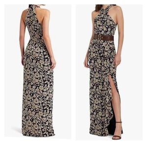 Ralph Lauren LRL Floral Ruffle-Trim Georgette Halter Gown Size 16 Classic Preppy